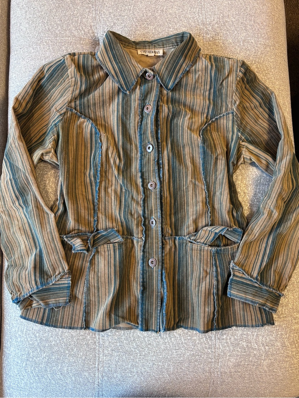Vintage 90s Y2K Cynthia Max Striped Cotton Lycra Raw Seam Top / Jacket- Shacket